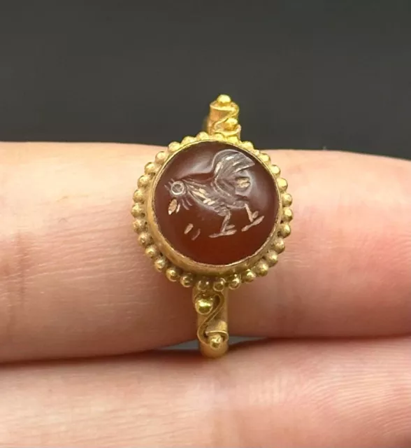 Genuine Ancient Sasanian Gold Ring with Carnelian Intaglio Circa 6th Century AD