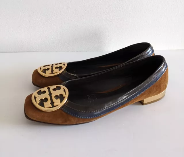 Tory Burch Suede Brown Flat Women’s Shoes Size 7 Gold Color Logo