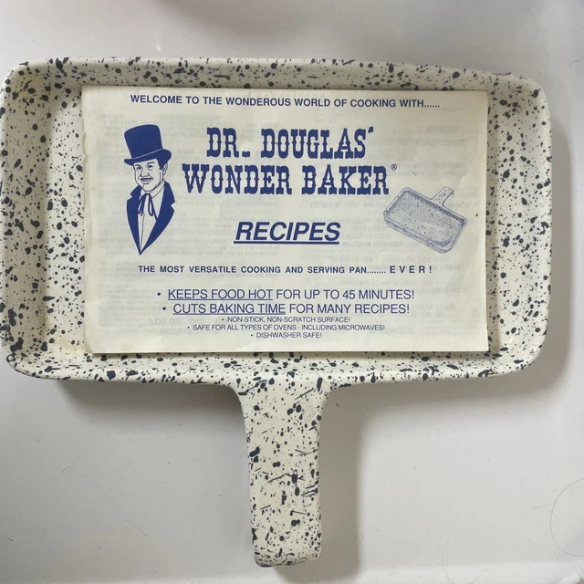 VINTAGE 1989 DR. DOUGLAS WONDER BAKER BLUE SPLATTER CERAMIC BAKEWARE