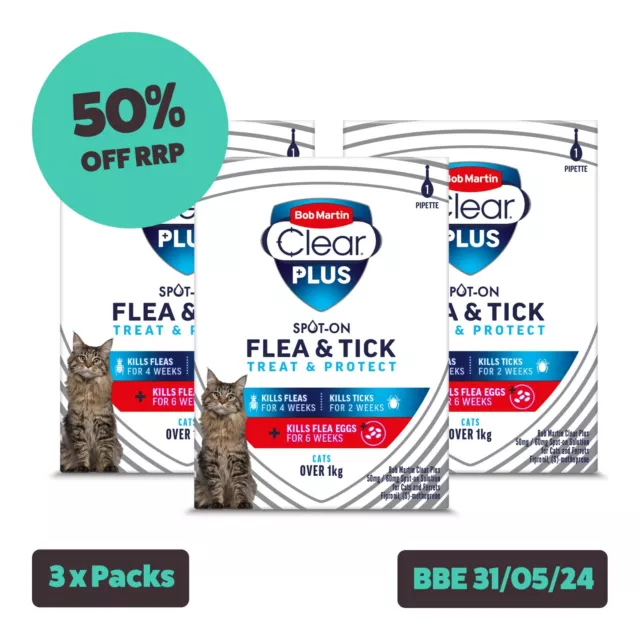 3 x Bob Martin Clear Plus Cat Flea & Tick Spot-On Treatment (BBE 31/05/24)