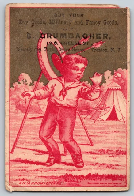 Trenton, NJ Grumbacher Millinery Victorian Trade Card Boy Archery Bull's-eye