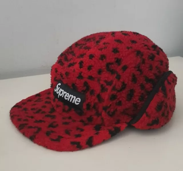 FW17 Supreme Leopard Polar Fleece Earflap camp cap red size M/L hat box logo