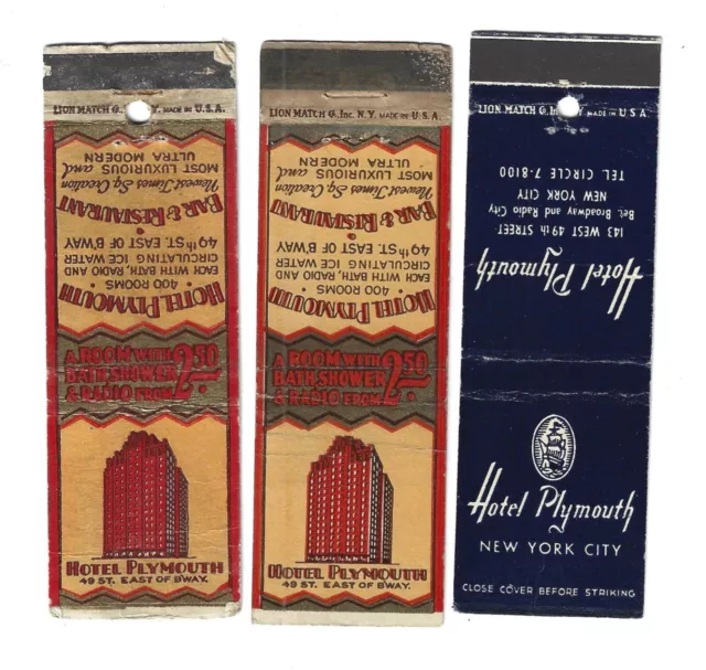 3 Hotel Plymouth   Matchcovers                   New York City