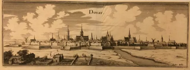 Vue de Douai, Nord, gravure ancienne XVIIe siècle Mérian