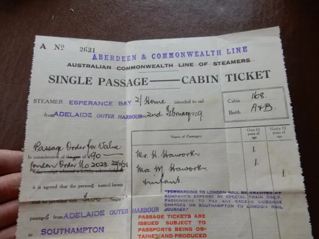 Aberdeen & Commonwealth 1929 TICKET  AUSTRALIA   ADELAIDE - UK HAWORTH FAMILY