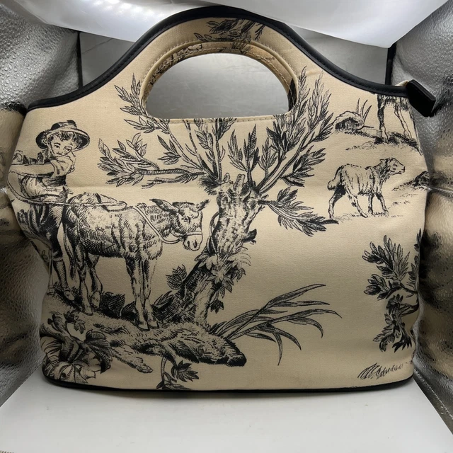 Marlo Vtg Beige and Black Fabric / Canvas Purse w Handle - Plus Crossbody Strap