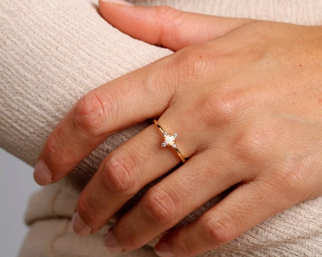 Gift For Her 14k Gold Opalite Diamond Bridesmaid Art Deco Engagement Ring