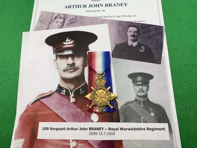 WW1 WWI British 1914-15 Star SGT 109 BRANEY - KIA JULY 1916 SOMME, R Warwick Reg