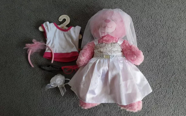 Build A Bear Plush Pink Medium Bride Teddy + Extra Items EUC