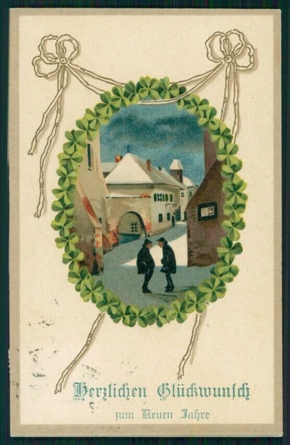 Art Nouveau Winter Four Leaf Clover Good Luck Relief serie 3128 postcard TC2743