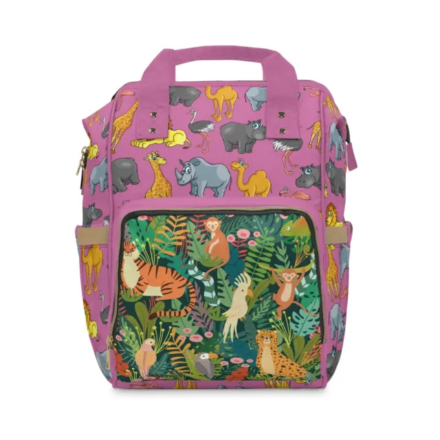 Jungle Animal Multifunctional Diaper Backpack, baby bag for moms and dads, pink