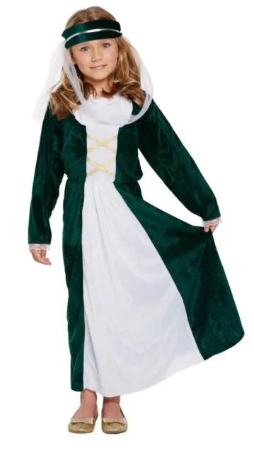 Girls Medieval Maiden Fancy Dress Up Costume Maid Marion Outfit Ages 4-9 yrs NEW