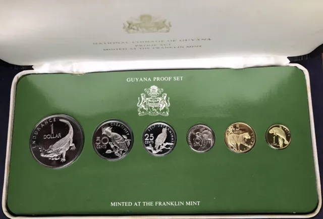 Guyana 1976 Coin Collection Set From 1 Cent to $1 Dollar by Franklin Mint Cased