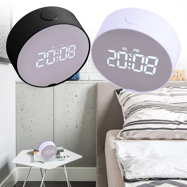 Round LED Digital Alarm Snooze Clock Display Battery Operated USB Cable New