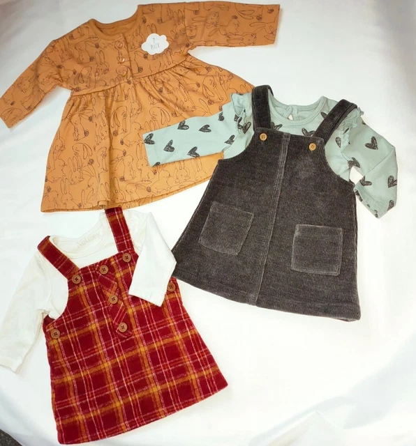 Baby Girls 0-3 Months Bundle 2 X Pinafore Sets And 1 New Dress Long Sleeved