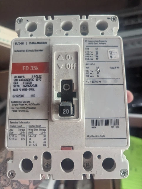 Eaton Cutler Hammer FD3020 3-Pole 3-Phase 20 Amp Circuit Breaker