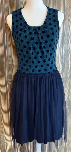 Weston Wear Anthropologie Polka Dot Teal Blue Bodice Navy Tulle Dress Size Small