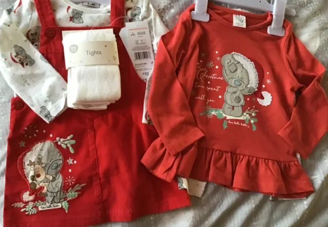 Baby Girls 6 - 9 Months 2 X Christmas Outfits Tiny Tatty Teddy Pinafore Dress &