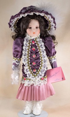 Vintage Marian Yu Designs Porcelain Girl Doll 14" 1988 Plus COA, Stand and Box