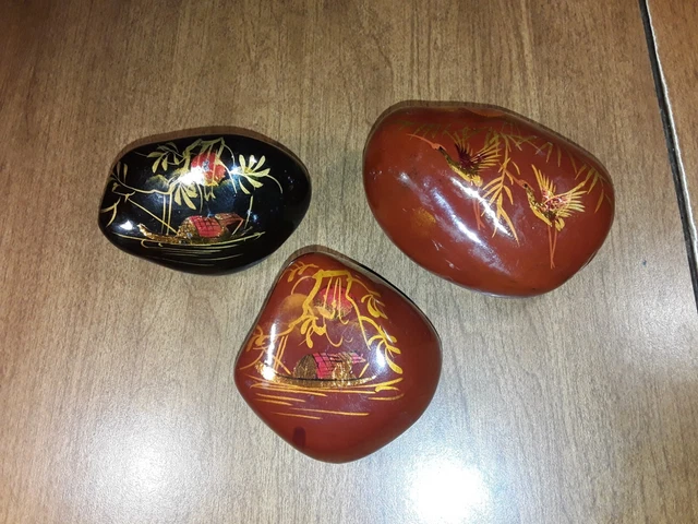 Asian Theme Painted Rock Paperweights Lot Of 3 Boats & Birds