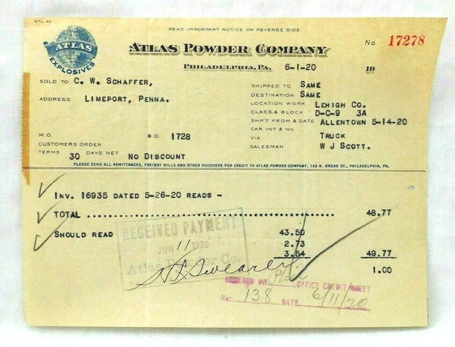 1920 Letterhead Billhead ATLAS EXPLOSIVES - ATLAS POWDER COMPANY Philadelphia PA