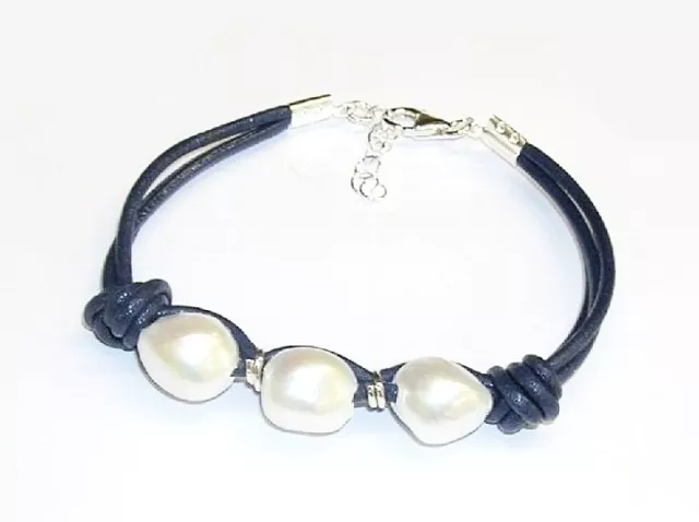 Bracelet Cuir Bleu Nœuds Et 3 Perles Cultivadas.plata de Loi