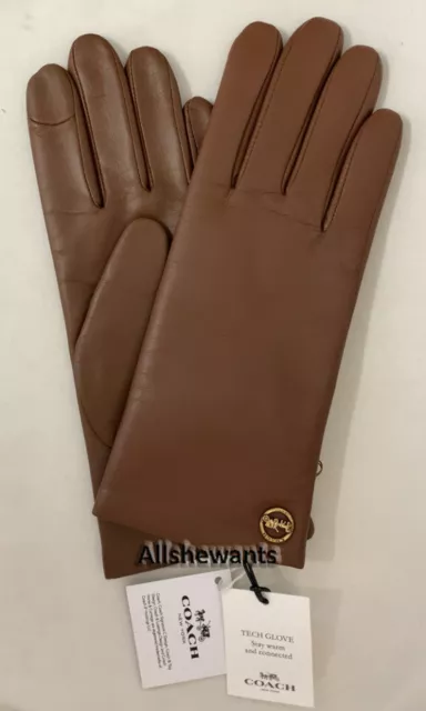 Genuine COACH Tech Gloves for Women Leather w/Wool Lining Saddle/Brown MSRP $148