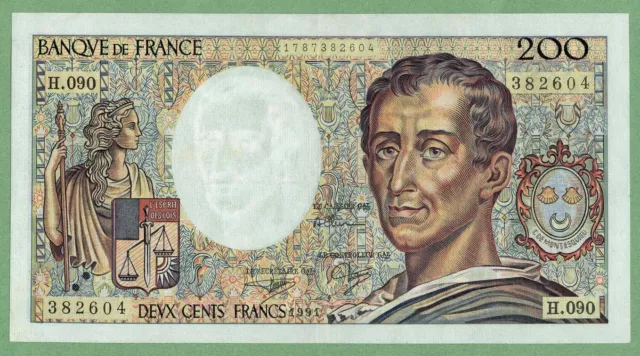 France 200 Francs Montesquieu 1991 Xf++/Au Beautiful Banknote  No Pin Holes!!