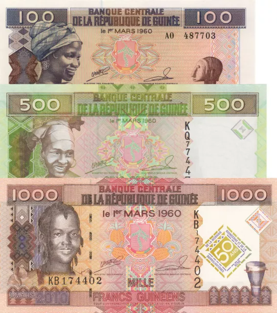 Guinea 3 PCS Set: 100, 500 & 1000 Francs (2010/2012) p35b, p39b & p43