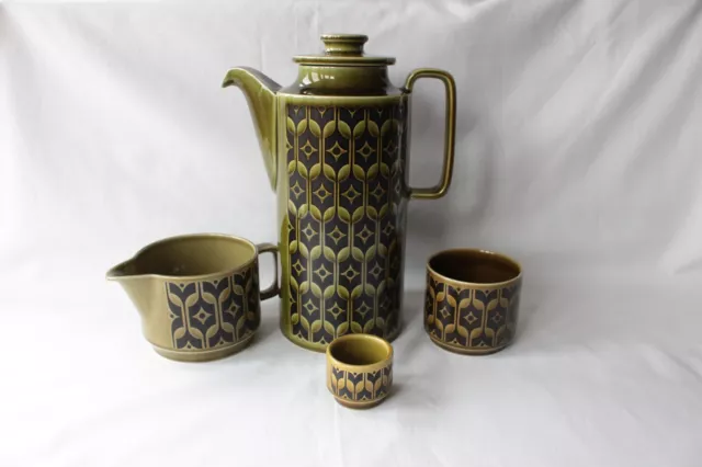 Hornsea Heirloom Green Coffee Pot, Milk Jug, Sugar Bowl and Egg Cup