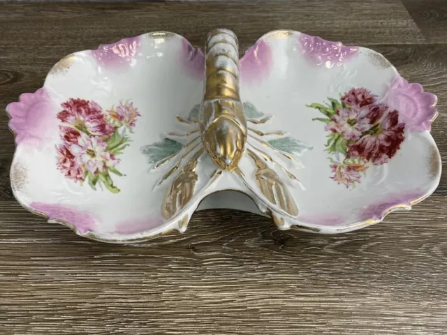 Antique German Pink & Gold Porcelain Divided Lobster Dish
