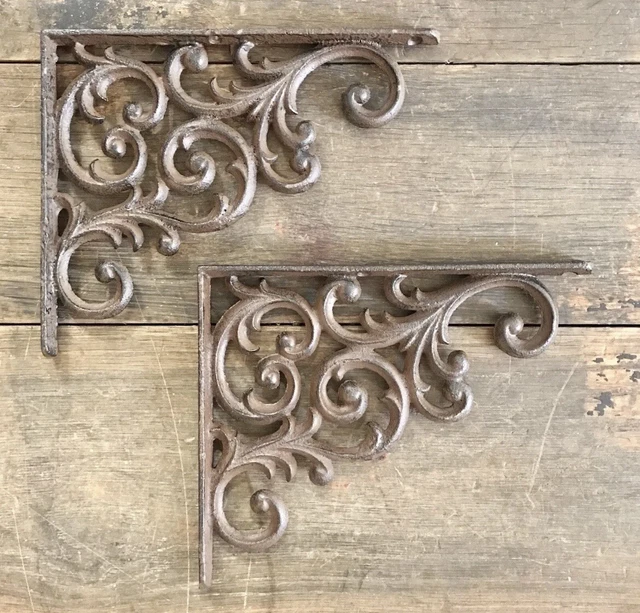 Cast Iron Pair of Vintage-Style Brown Shelf Brackets, 7.5" x9.25”