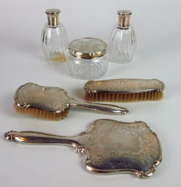 Splendid Women's Toilet Set. Punched Silver. Cutted Glass. France (?) Circa 1950