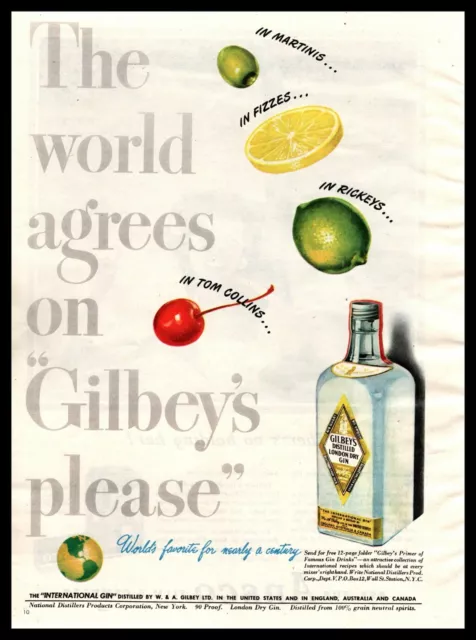 1947 Gilbey's Dry Gin "In Martinis Fizzes Rickeys Tom Collins" Vintage Print Ad