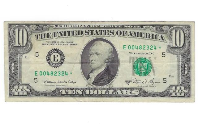 1981 A $10 Circulated Federal Reserve STAR NOTE Paper Money FRN Ten Dollars