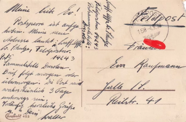 2.WK Feldpost 14243 Panzerabw. Polen Feldzug K-Nr. 158 auf Karte 4.9.1939 Halle