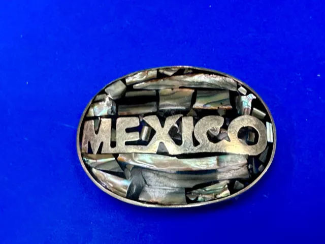 MEXICO - Abalone Shell Inlay Alpaca Mexican Silver Oval Shape belt buckle 2