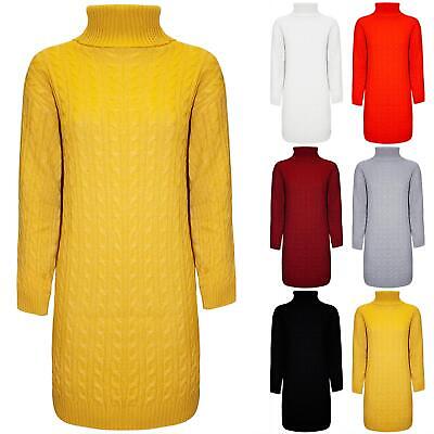 Womens Ladies Long Sleeve Chunky Cable Knit Turtle Polo High Neck Jumper Dress