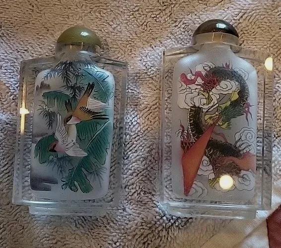 Pair of  Beautiful Chinese Inside Painted Glass Snuff Bottles Birds And A Dragon