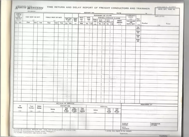 Chicago and North Western Railroad Time Return / Delay Report #41-09501 New Pad