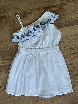 Girls River Island Mini White Frill Dress Blue Embroidery Detail 12-18 Months