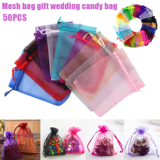 50pcs Organza Bags Party Candy Pouch Wedding Gifts Drawstring Bags Sheer Bag