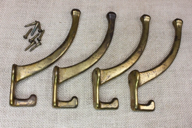 4 old Coat Hooks Mission House Bath Robe vintage Clothes Tree rustic Brass 5 3/4