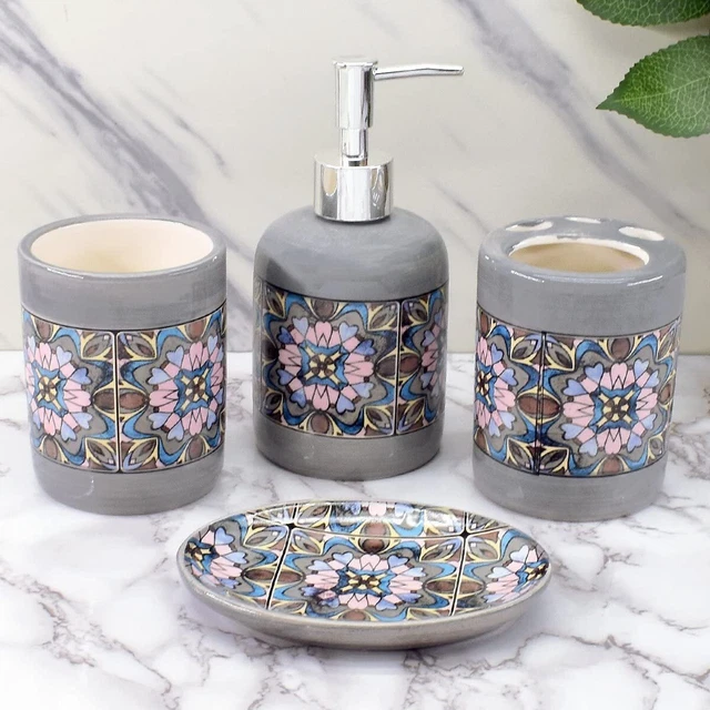 Céramique Salle de Bain Accessoires Set 4 Ensembles pour Maison Gris Blanc S20
