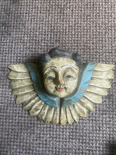 Antique Carved Wood Polychrome Putti Angel Head