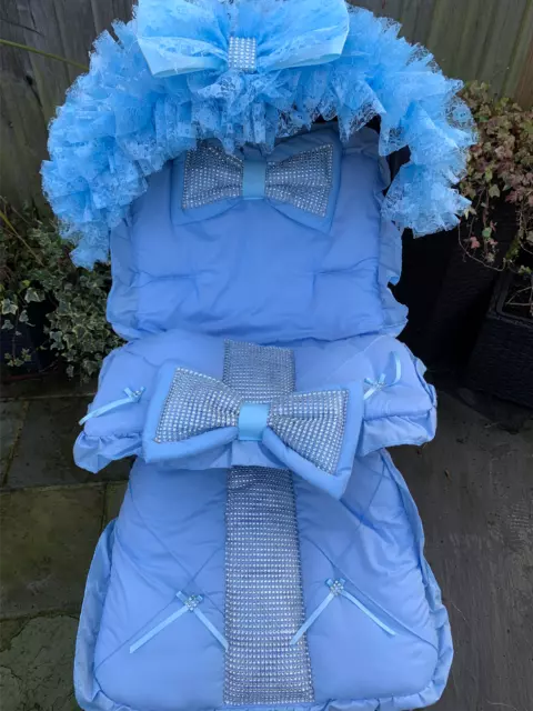 Pram Pushchair - Frilly Bling Baby Blue Bow Cosytoes Footmuff + Hood Frill