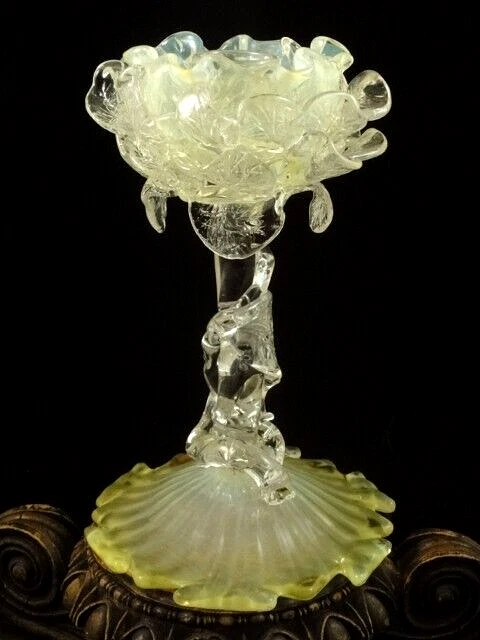 Antique Loetz Uranium Opalescent Paeonie Art Glass Floriform Candlestick Holder 3