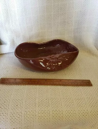 Vintage McCOY Pottery Oval Planter Console Bowl Leaves And Berries Unusual Brown 2