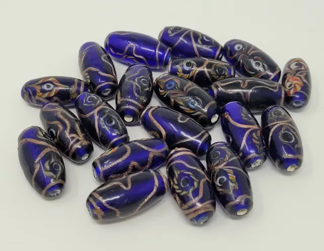 20 pcs Cobalt Blue Glass Peacock Pattern Large Oval Beads for Jewelry Crafts VTG