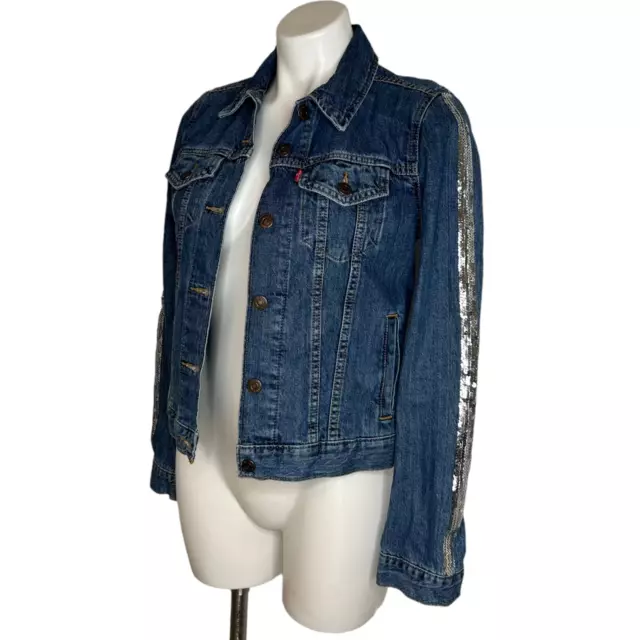 Levi's Original Trucker Silver Sequin Lola Blue Denim Jacket Size Medium